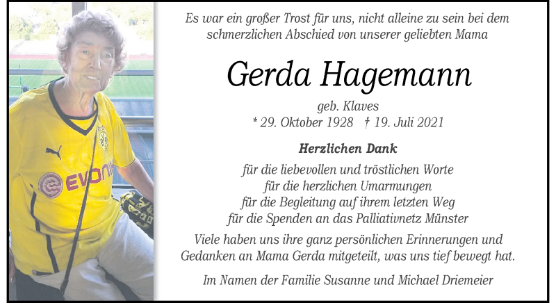  Traueranzeige für Gerda Hagemann vom 21.08.2021 aus 