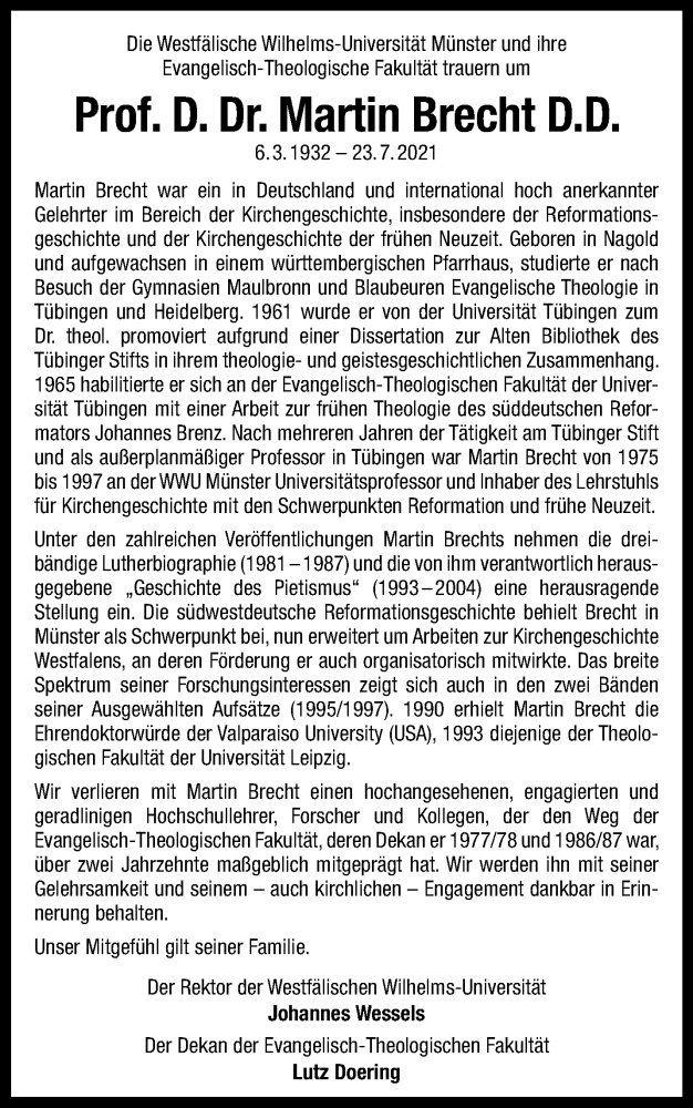  Traueranzeige für Martin Brecht vom 31.07.2021 aus 