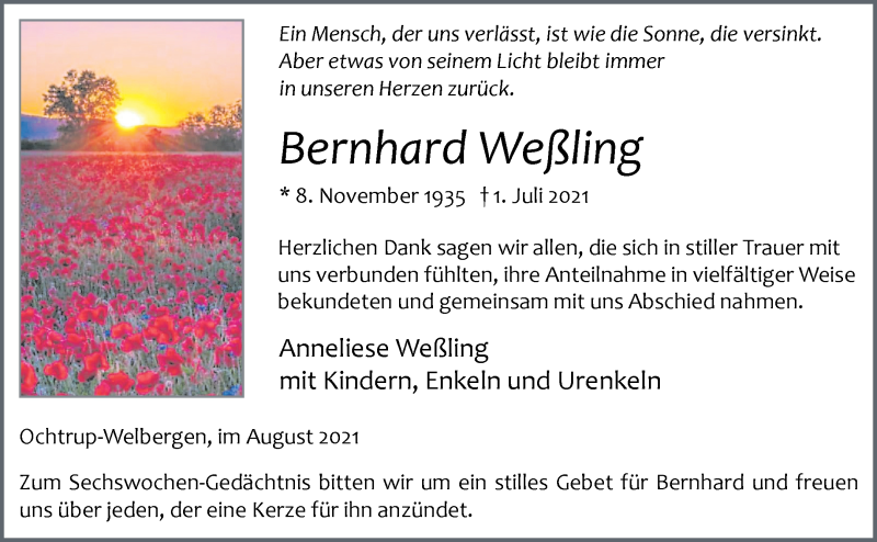  Traueranzeige für Bernhrad Weßling vom 04.08.2021 aus 