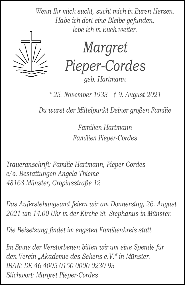  Traueranzeige für Margret Pieper-Cordes vom 21.08.2021 aus 