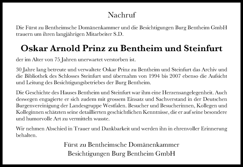  Traueranzeige für Oskar Arnold Prinz zu Bentheim und Steinfurt vom 14.08.2021 aus 