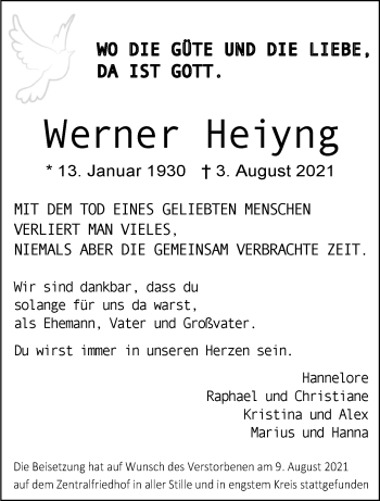 Anzeige von Werner Heiyng 