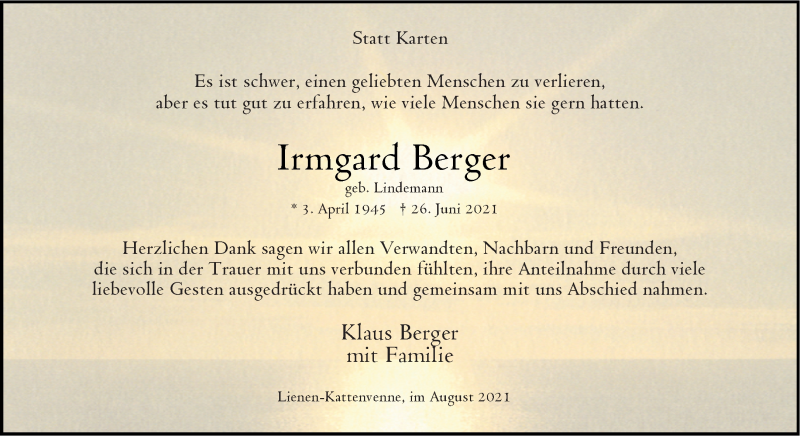  Traueranzeige für Irmgard Berger vom 14.08.2021 aus 