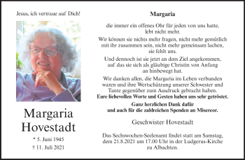 Anzeige von Margaria Hovestadt 