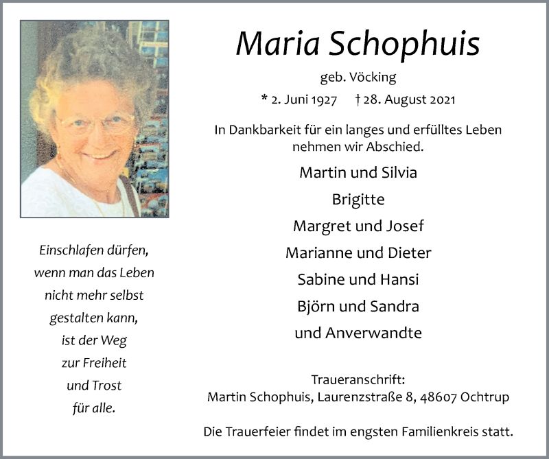  Traueranzeige für Maria Schophuis vom 30.08.2021 aus 