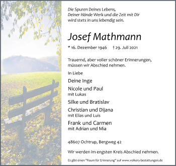 Anzeige von Josef Mathmann 