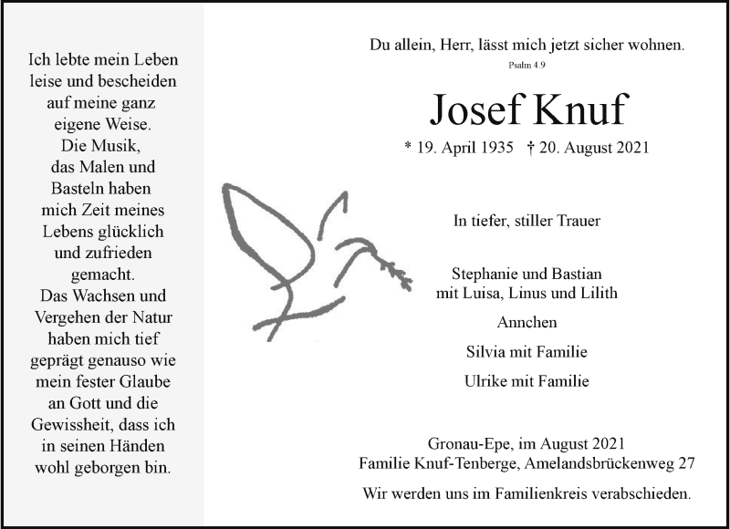  Traueranzeige für Josef Knuf vom 25.08.2021 aus 