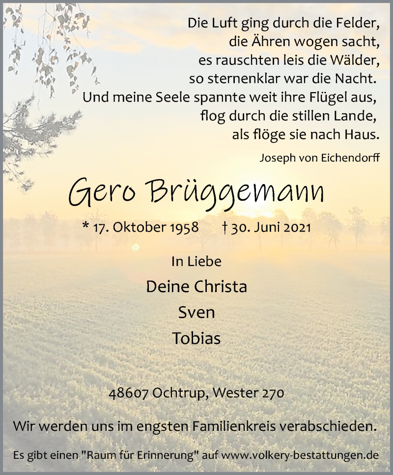  Traueranzeige für Gero Brüggemann vom 02.07.2021 aus 