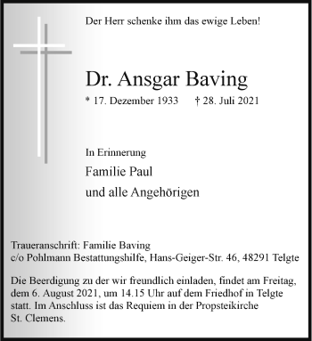 Anzeige von Ansgar Baving 