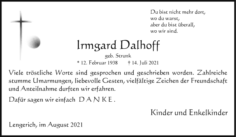  Traueranzeige für Irmgard Dalhoff vom 28.08.2021 aus 