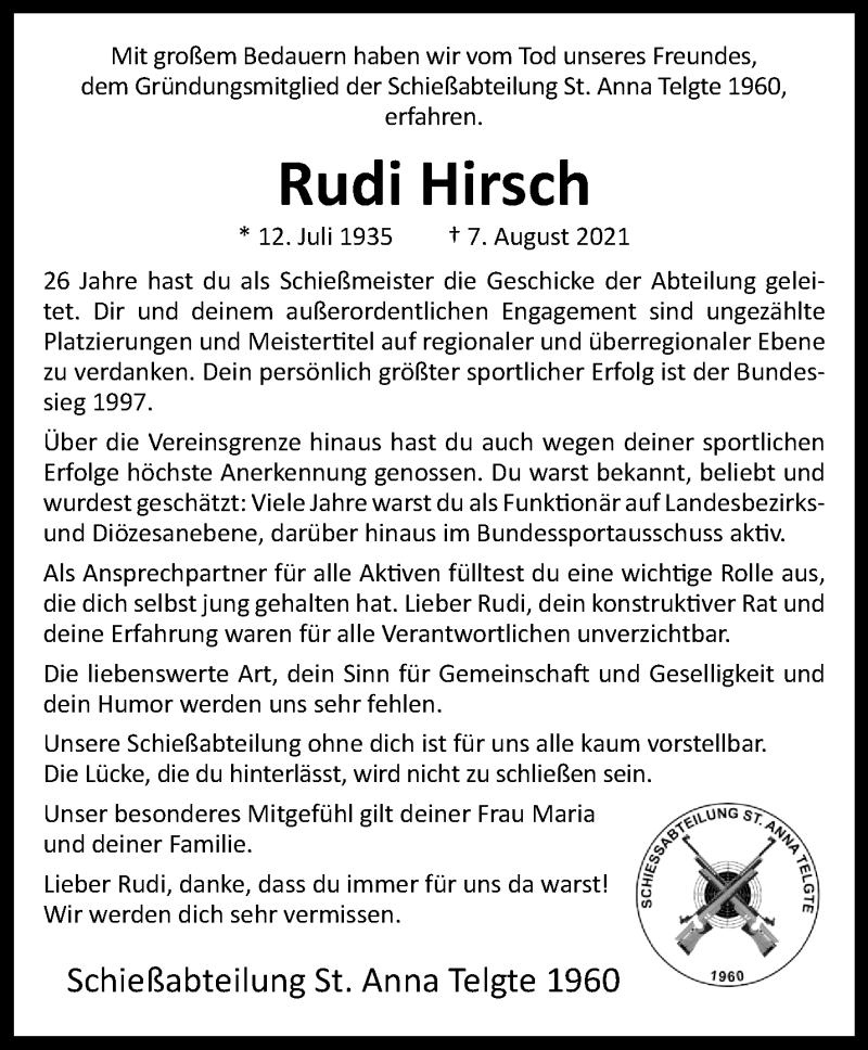  Traueranzeige für Rudi Hirsch vom 14.08.2021 aus 