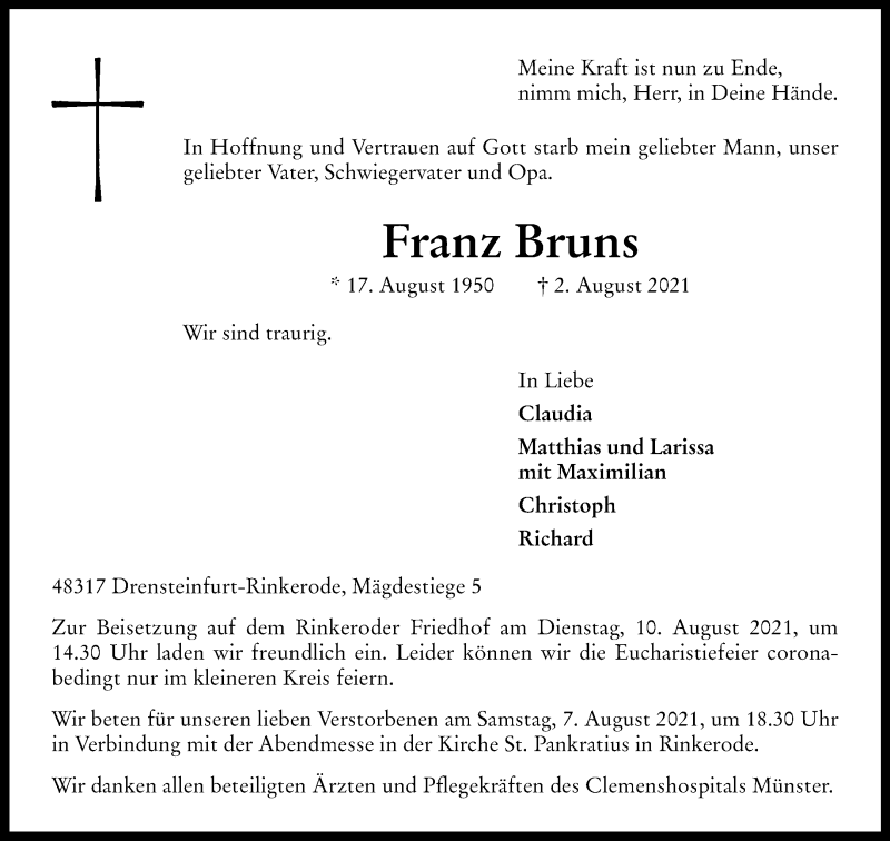  Traueranzeige für Franz Bruns vom 07.08.2021 aus 