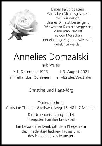 Anzeige von Annelies Domzalski 