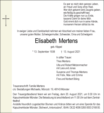 Anzeige von Elisabeth Mertens 