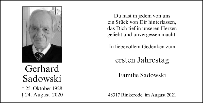  Traueranzeige für Gerhard Sadowski vom 24.08.2021 aus 