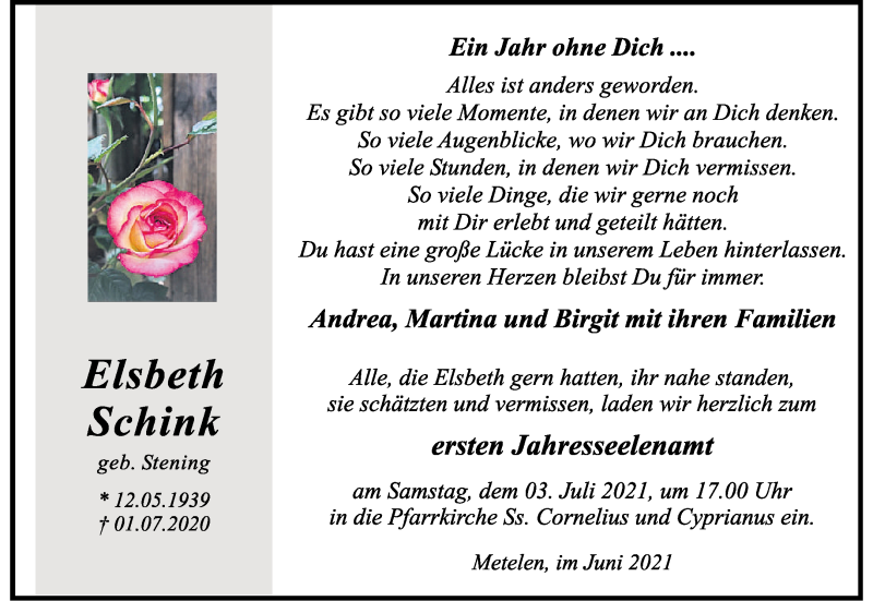  Traueranzeige für Elsbeth Schink vom 01.07.2021 aus 