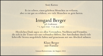 Anzeige von Irmgard Berger 