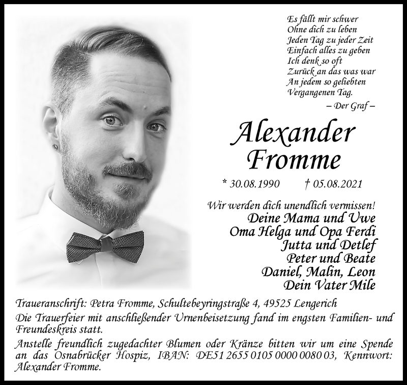  Traueranzeige für Alexander Fromme vom 21.08.2021 aus 