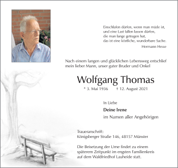 Anzeige von Wolfgang Thomas 
