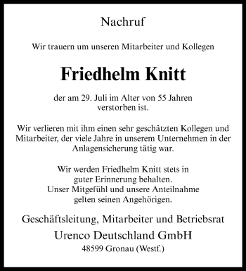 Anzeige von Friedhelm Knitt 