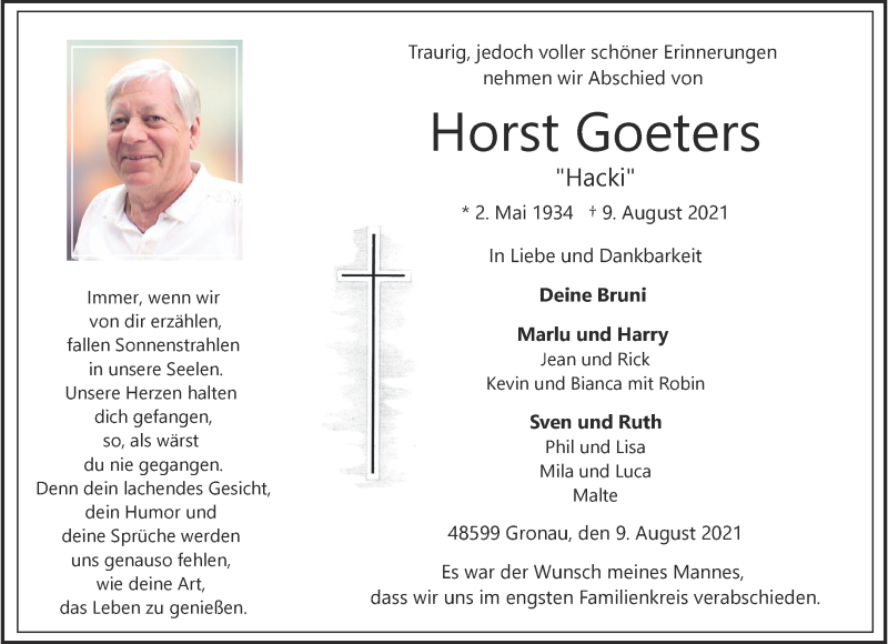  Traueranzeige für Horst Goeters vom 14.08.2021 aus 
