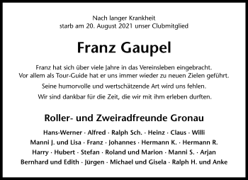 Anzeige von Franz Gaupel 