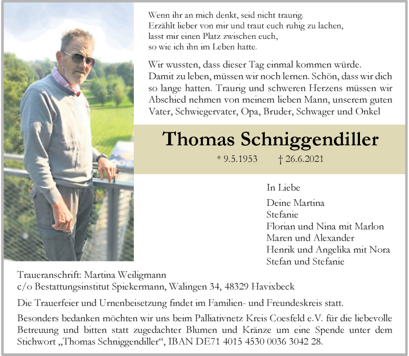  Traueranzeige für Thomas Schniggendiller vom 03.07.2021 aus 