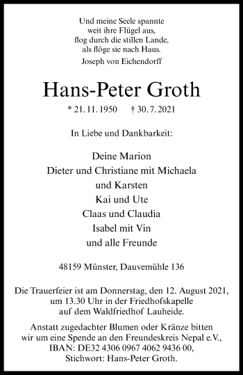 Anzeige von Hans-Peter Groth 