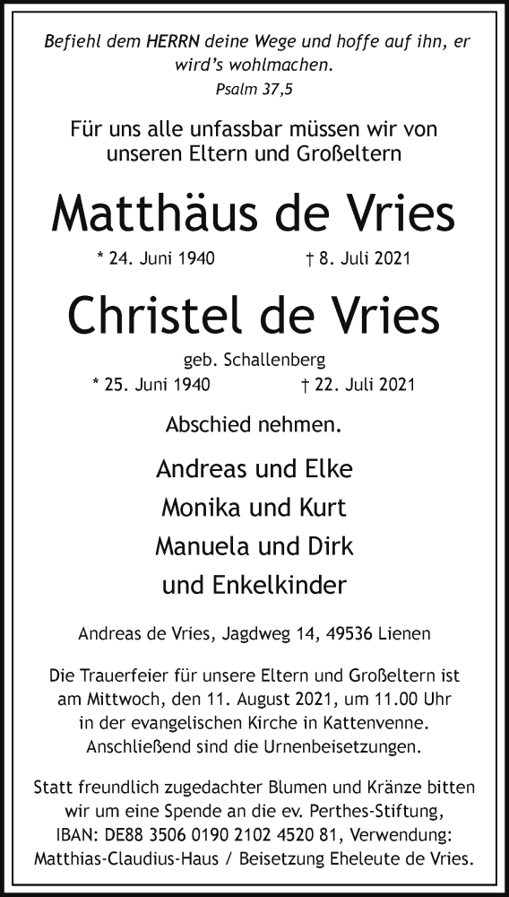  Traueranzeige für Christel de Vries vom 31.07.2021 aus 