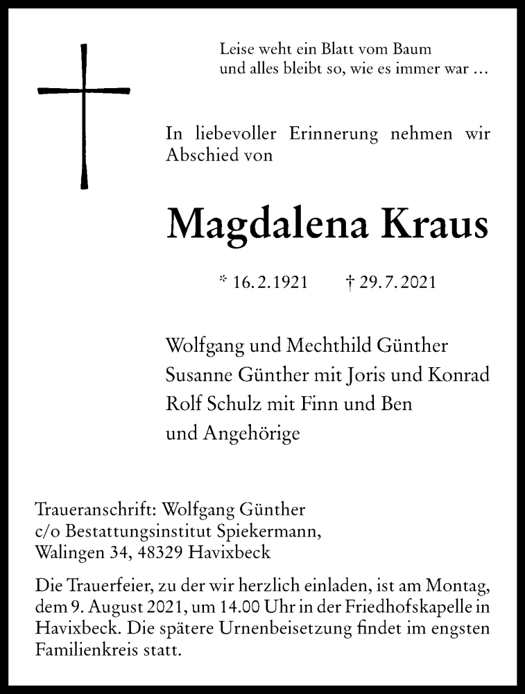  Traueranzeige für Magdalena Kraus vom 04.08.2021 aus 