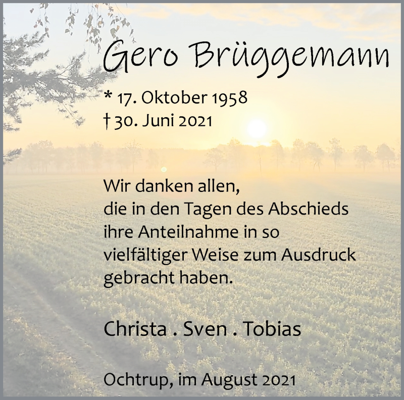  Traueranzeige für Gero Brüggemann vom 04.08.2021 aus 