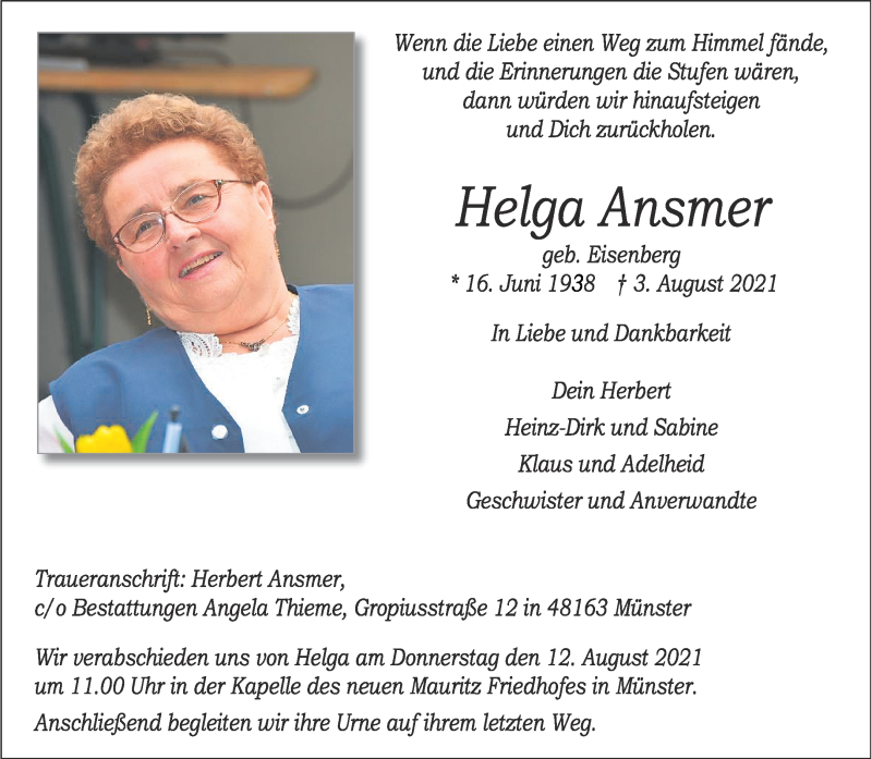  Traueranzeige für Helga Ansmer vom 07.08.2021 aus 