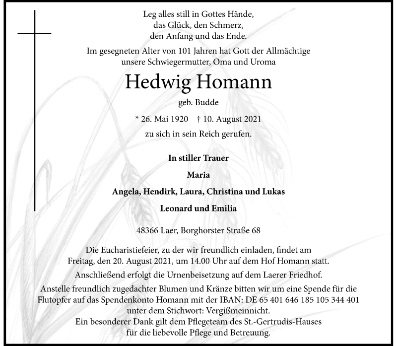  Traueranzeige für Hedwig Homann vom 14.08.2021 aus 