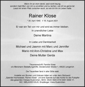 Anzeige von Rainer Klose 