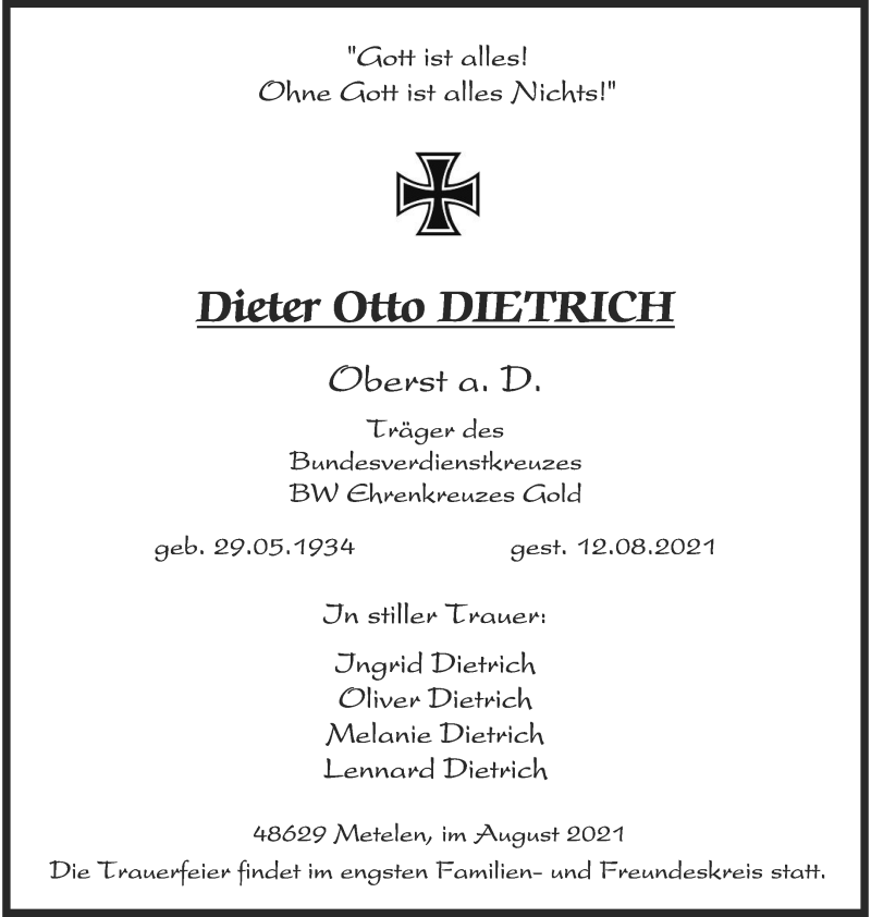  Traueranzeige für Dieter Otto Dietrich vom 19.08.2021 aus 