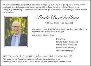 Anzeige von Rudi Beckhelling 