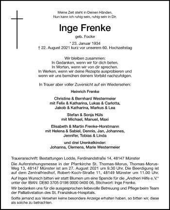 Anzeige von Inge Frenke 