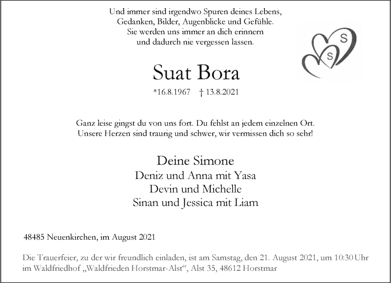  Traueranzeige für Suat Bora vom 18.08.2021 aus 