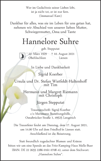 Anzeige von Hannelore Suhre 