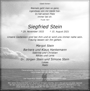 Anzeige von Siegfried Stein 