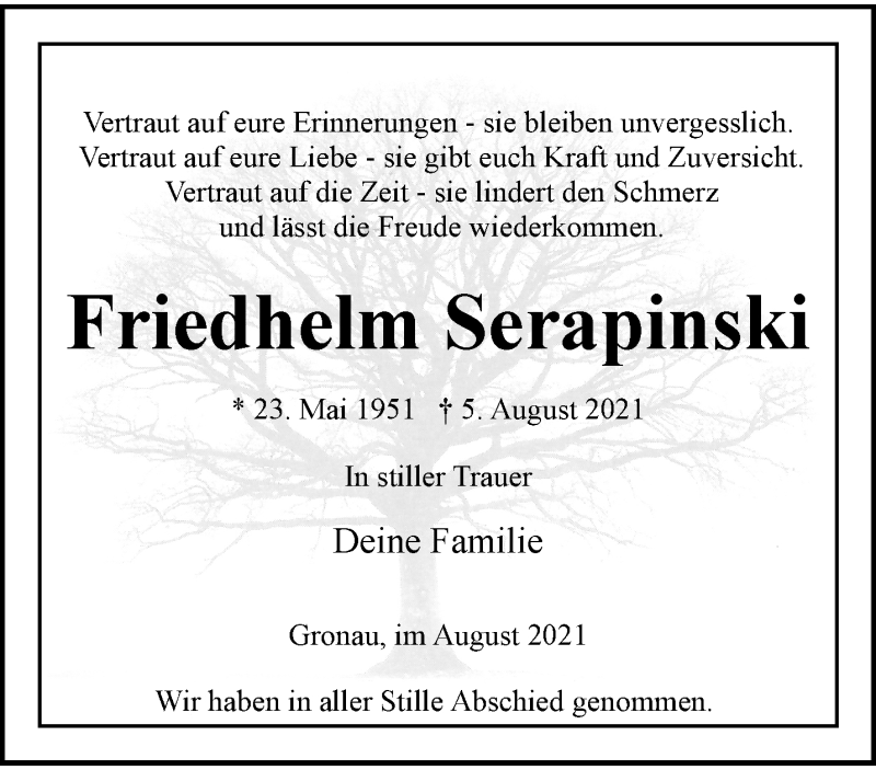  Traueranzeige für Friedhelm Serapinski vom 21.08.2021 aus 