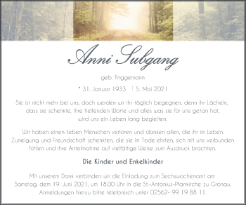 Anzeige von Anni Subgang 