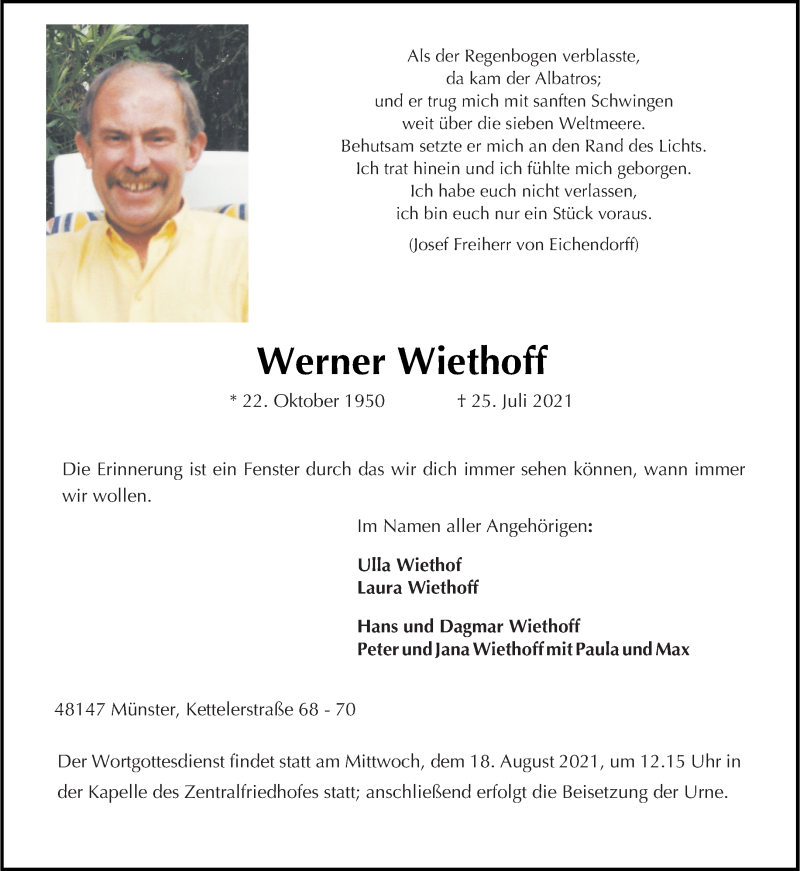  Traueranzeige für Werner Wiethoff vom 14.08.2021 aus 