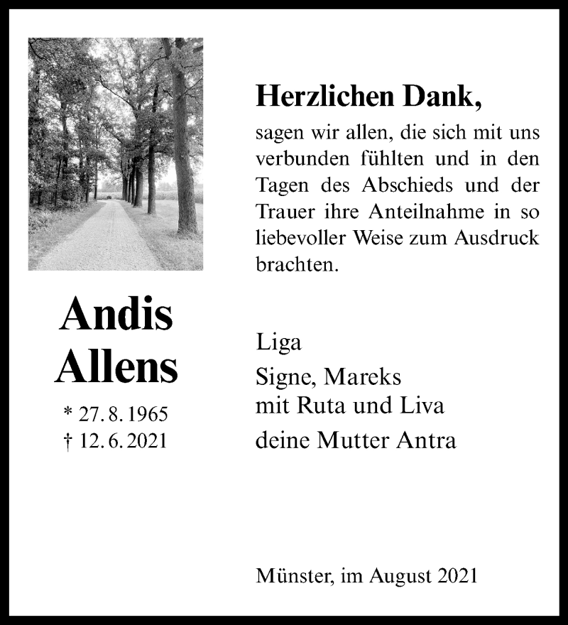  Traueranzeige für Andis Allens vom 18.08.2021 aus 