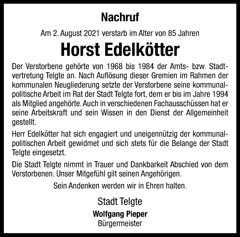 Traueranzeige für Horst Edelkötter vom 14.08.2021 aus 