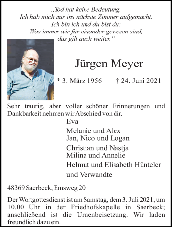 Anzeige von Jürgen Meyer 