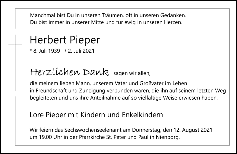  Traueranzeige für Herbert Pieper vom 10.08.2021 aus 