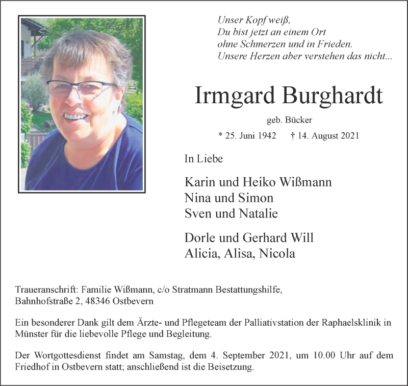  Traueranzeige für Irmgard Burghardt vom 21.08.2021 aus 
