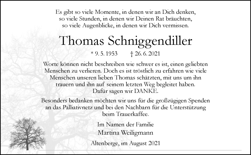 Traueranzeige für Thomas Schniggendiller vom 07.08.2021 aus 