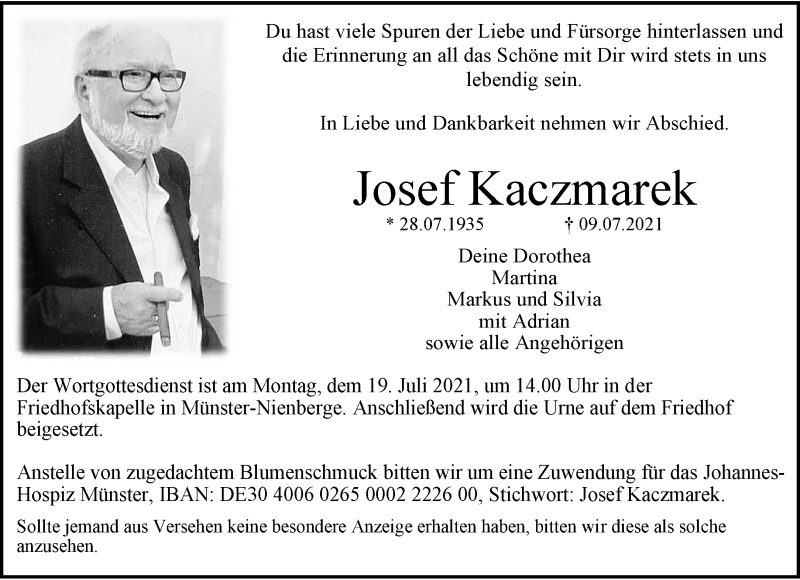  Traueranzeige für Josef Kaczmarek vom 14.07.2021 aus 